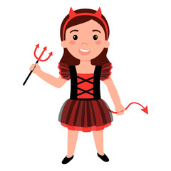 Girl dressed in a devil costume and holding a tail and a trident in her hands.