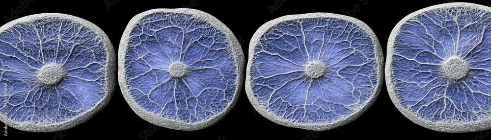 Poster four similar circular biological cross sections on black background