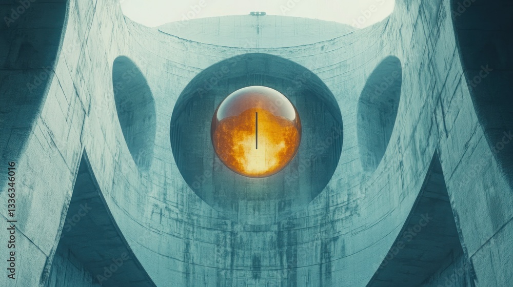 Poster a concrete architectural structure contains a glowing orange sphere in its center