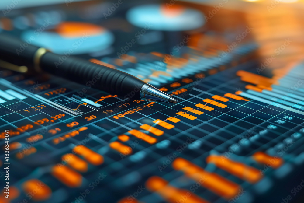 Poster close-up of a sophisticated digital financial analysis dashboard with vibrant graphs and data points