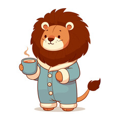 Fototapeta premium Cartoon sleepy lion in blue pajamas holding coffee mug. Perfect for morning routine products, caffeine beverages, sleep quality services, or Monday mood humor concepts.