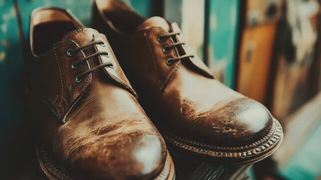 Close-Up of Well-Worn Brown Leather Shoes on Vintage Background