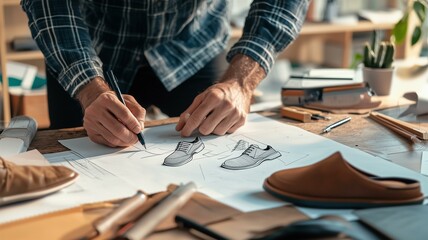 Ultra-realistic close-up of a shoe designer sketching new footwear designs in a modern studio
