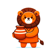 Cartoon lion monk with clay pot in orange robe, vector illustration. Perfect for meditation centers, spiritual retreats, mindfulness programs or cultural heritage themes.