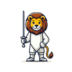 Noble lion fencer in white uniform holding sword. Perfect for sports club branding or competitive activities promotional materials.