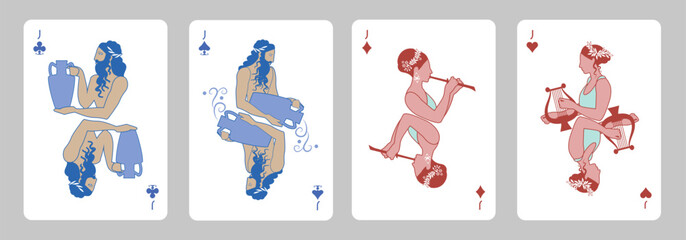 Classical Greek-inspired poker card figures and aces. Greek myth playing cards, Diamonds, Clubs, Hearts, and Spades.