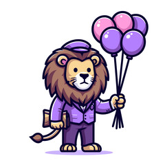 Obraz premium Cheerful lion in purple suit holding colorful balloons and ticket. Ideal for event planning or birthday celebration announcements.