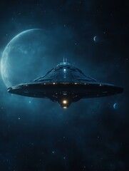 Obraz premium Ufo encounter in space sci-fi art cosmic environment aerial view