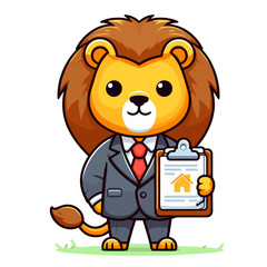 Fototapeta premium Cute cartoon lion realtor with property clipboard in gray suit, vector illustration. Perfect for real estate agency branding, home listing websites, or property management services.