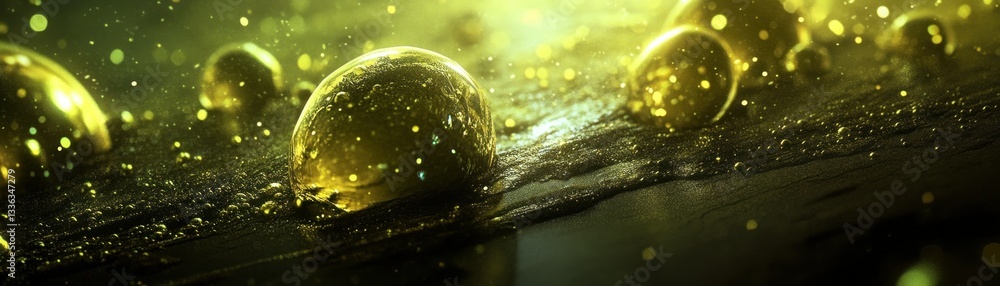 Poster golden colored liquid droplets are resting on a textured surface