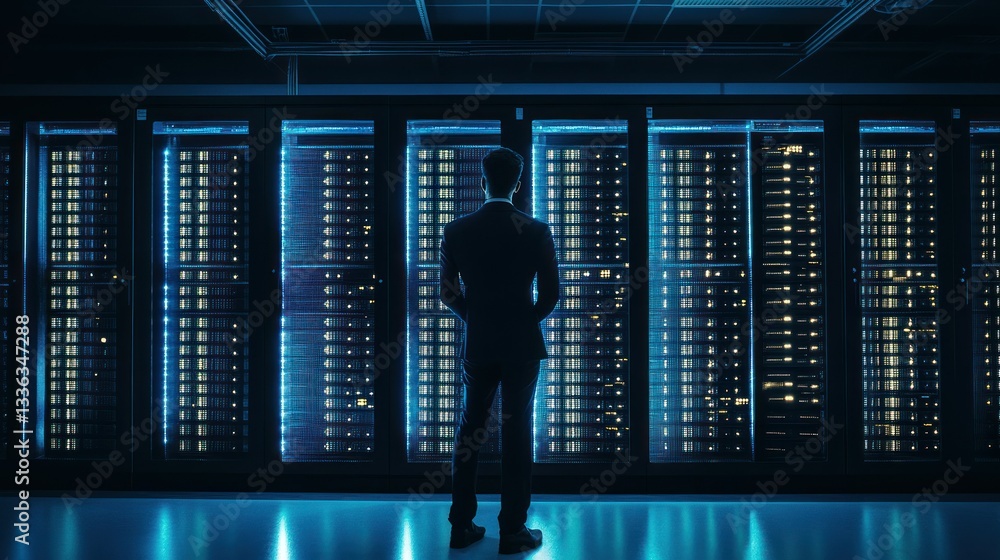 Poster a businessman standing in front of server racks