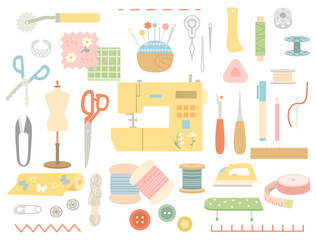 ミシンや針山・生地などの裁縫道具のイメージしたイラストのセット