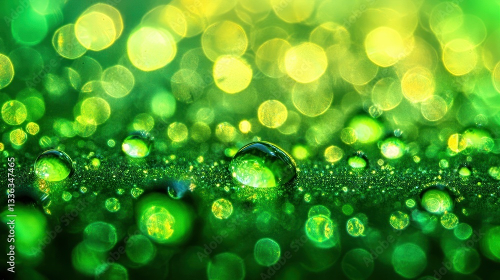 Poster Green water droplets with bokeh effect create a natural background