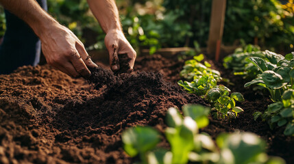 Fototapeta premium Hands working with rich soil in a vegetable garden, preparing for planting. Perfect for gardening, sustainability, and organic farming themes. 
