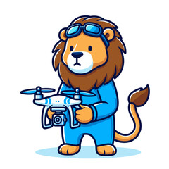 Obraz premium Cartoon drone operator lion in blue outfit with quadcopter. Perfect for aerial photography services, drone technology businesses, video production companies, or modern filming techniques.