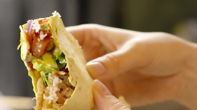 Customer Holding Fresh Shawarma Wrap Filled With Meat And Vegetables