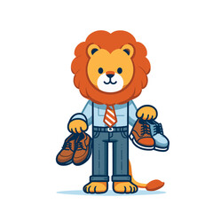 Fototapeta premium Cartoon professional shoemaker lion in tie holding different style footwear. Perfect for cobbler businesses, shoe repair services, custom footwear shops, or handcrafted leather product marketing.