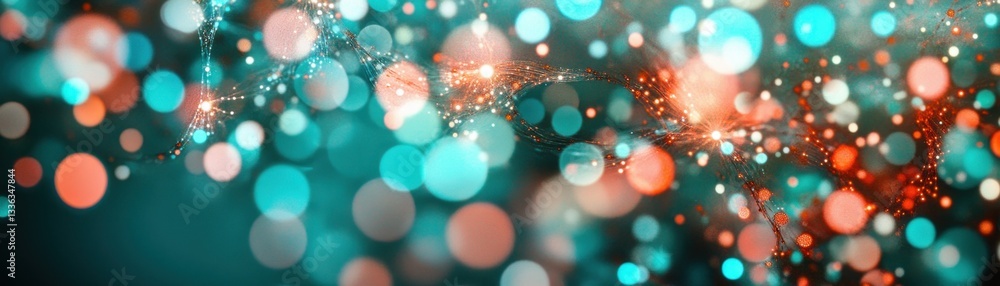 Poster Abstract colorful bokeh light spheres and particle network formation