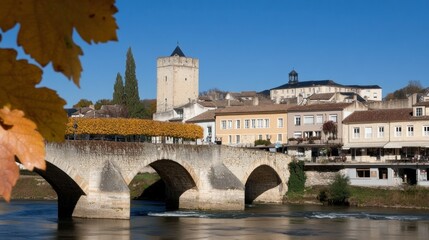 Obraz premium A picturesque stone bridge overlooking a historic riverside town scene