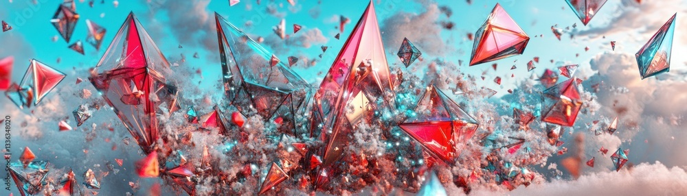 Poster abstract geometric shapes float in the atmospheric cloudy sky landscape
