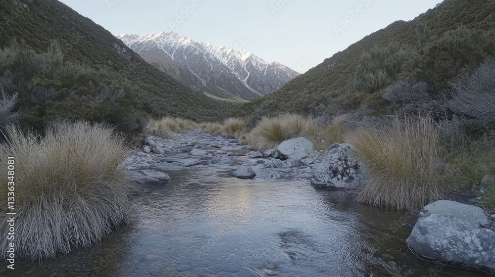 Poster a scenic view of a mountain range and a flowing stream