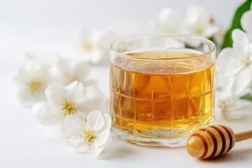 Glass of amber tea with honey surrounded by white blossoms.