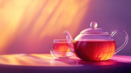 Serving Tea in Glass Teapot and Cup with Soft Lighting
