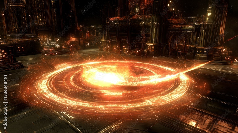 Poster a vibrant circular energy effect glows within a city structure