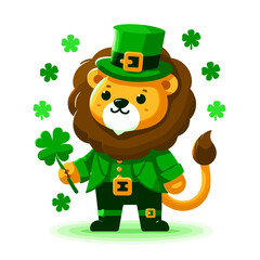 Festive leprechaun lion in green outfit with shamrocks and hat. Perfect for St. Patrick's Day celebrations or Irish-themed events.