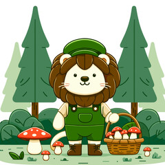 Naklejka premium Friendly lion forager in green overalls collecting mushrooms in forest. Ideal for nature exploration or organic food sourcing concepts.