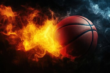 Dynamic Black Basketball Court Scene with Smoke and Vibrant Spotlights in Yellow, Orange, Red, and White
