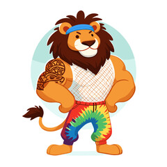 Obraz premium Muscular tattooed lion in mesh tank top and rainbow pants. Perfect for pride events or gym fitness motivation campaigns.
