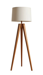A modern wooden tripod floor lamp with a cream-colored shade, isolated on white or transparent png.