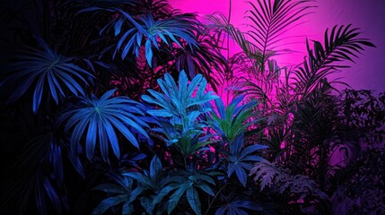 Beautiful tropical foliage illuminated by vibrant blue and pink light
