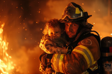 Fototapeta premium A Dramatic and Intense Scene Depicting a Firefighter Rescuing a Young Child Amidst Raging Flames