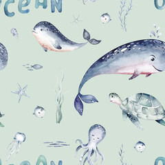 Watercolor seamless pattern with underwater world Bright fish, whale, shark dolphin starfish animals. Jellyfish seashells. Sea and ocean fish life background