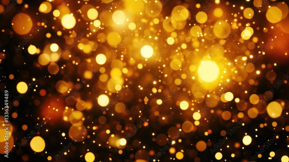 Poster bright golden and yellow circular lights floating against dark background
