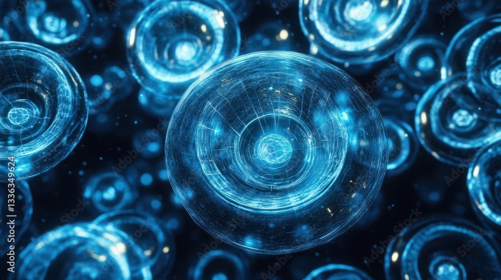 Poster Luminous blue spheres display intricate internal geometric patterns in space