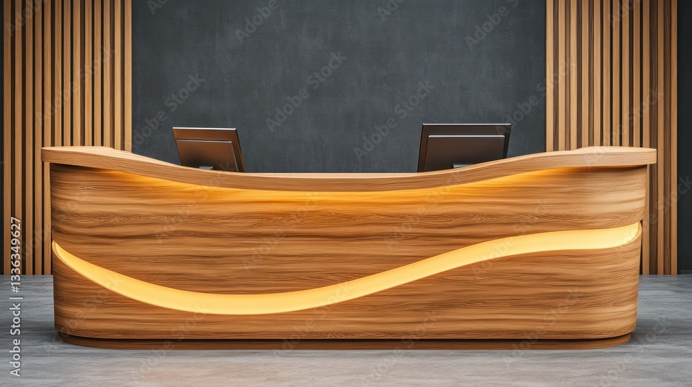 Poster a modern wooden reception desk with two computer monitors displays