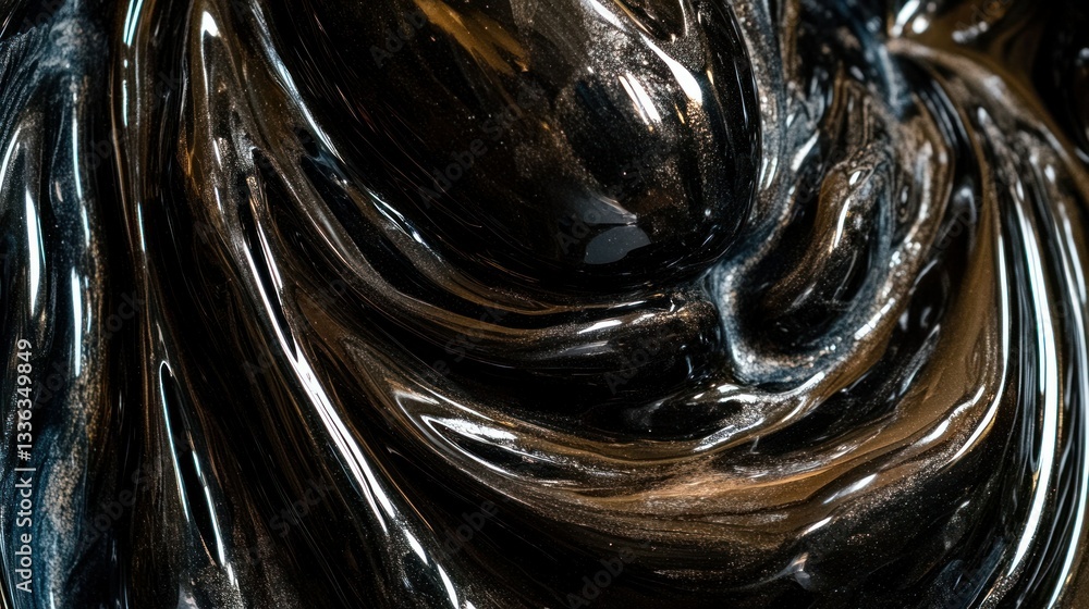 Poster a close up photo showing reflective glossy dark textures