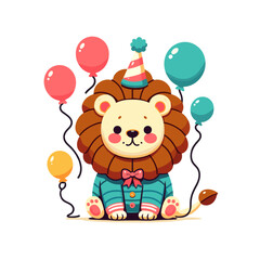 Cute cartoon lion with balloons and party hat for birthday celebration, vector illustration. Perfect for greeting cards, party invitations, or children's event decorations.