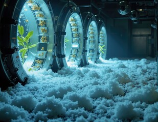 Arctic seed vault germination robots. Testing sprouts under artificial ice, showcasing advanced agricultural technology in extreme environments