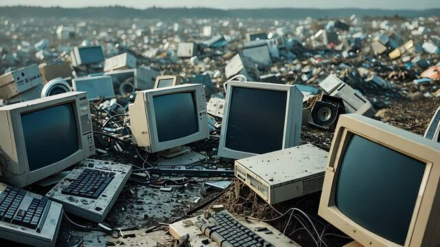 Electronic Waste Pile with Old Computer Monitors, Keyboards, and Discarded Technology in a Landfill Site

