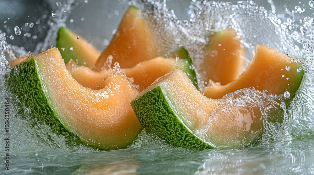 Poster sliced cantaloupe pieces submerged in crystal clear refreshing water