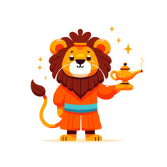 Cartoon genie lion holding magic lamp in orange outfit, vector illustration. Perfect for fantasy stories, wish-granting themes, and magical character concepts.