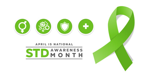 April Is STD Awareness Month. Gender icon, virus, shild, plus icon and ribbon. Great for posters, banner, social media and more. White background.
