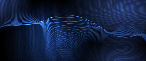 Illustration vector element with abstract wave line, motion pattern and particle dot on dark blue background. Modern futuristic design for background. Digital datum, high tech, technology concept
