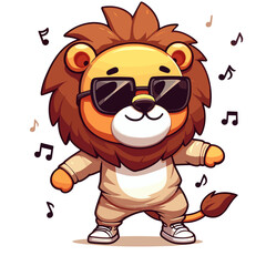 Obraz premium Energetic lion singer with sunglasses and microphone surrounded by music notes. Perfect for entertainment industry or concert promotions.