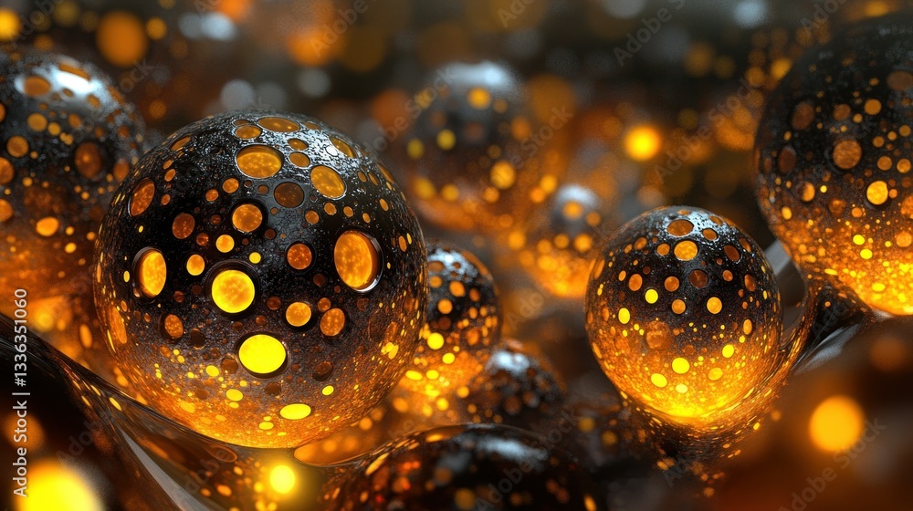 Poster abstract digital art showing glowing orbs with dark exteriors in close view