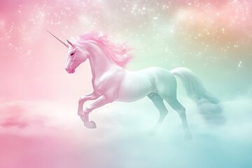 Naklejka premium Magical white unicorn galloping on pastel clouds.